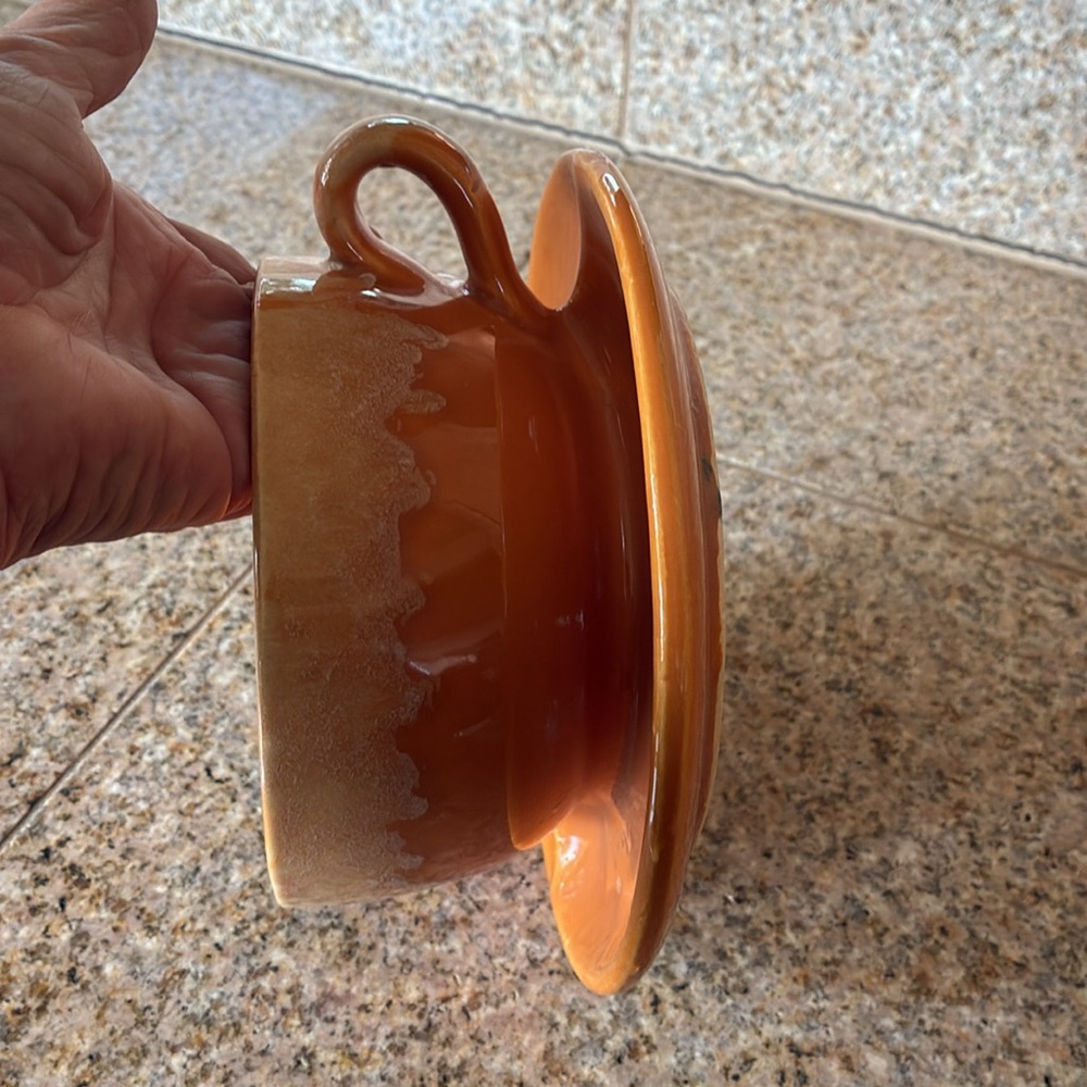 McCoy Coffee Cup attached Saucer USA 37  Drip Glaze Teacup Orange Ombré Saucer